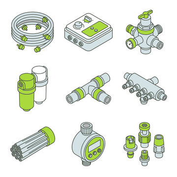 Isometric Plumbing and Irrigation System Components Icons Set - Water Management and Industrial Pipe Fittings Vector Illustration