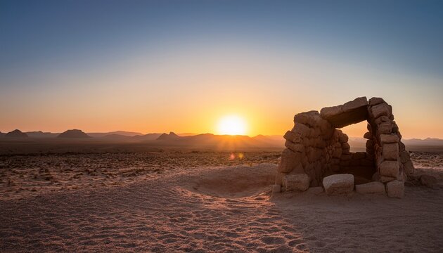 Ancient Stone Structure Partially Buried In A Vast Desert With A Sunset In The Background