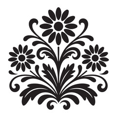 Fototapeta premium Beautiful black floral ornament with blooming daisy flowers and decorative swirling leaves in a vintage folk art style for creative graphic design projects and elegant stationery decoration elements