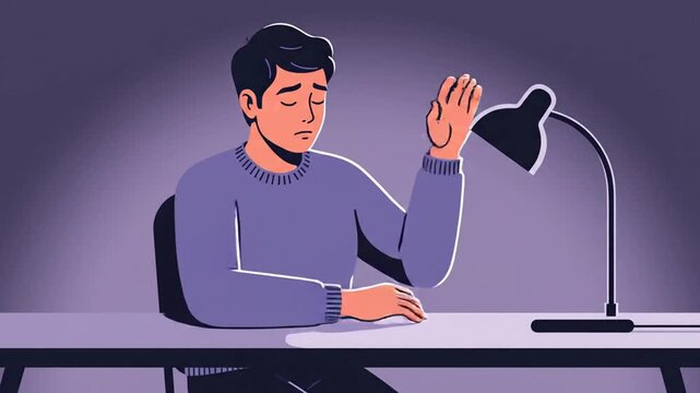 A Young Man's Emotional Turmoil Portrayed under a Desk Lamp Illuminated Purple Light
