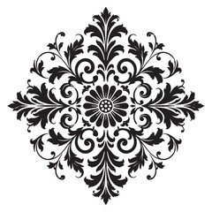 Elegant black floral damask ornament with symmetrical vintage leaves and a central flower motif for classic decorative design projects © abdurrahimsofikul