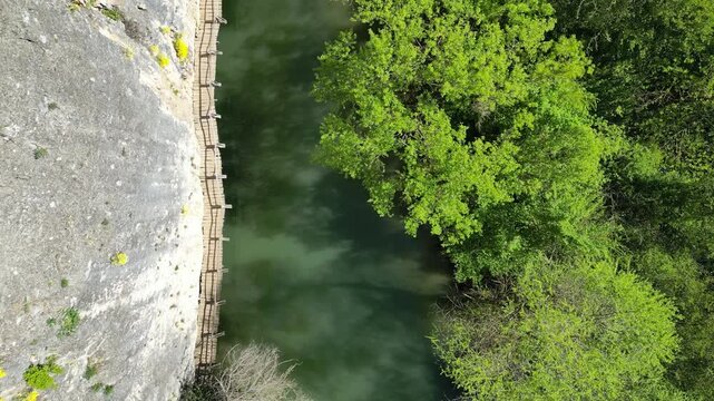 Aerial View of Wooden Cliffside Bridge at Iskar Panega Eco Trail, Bulgaria