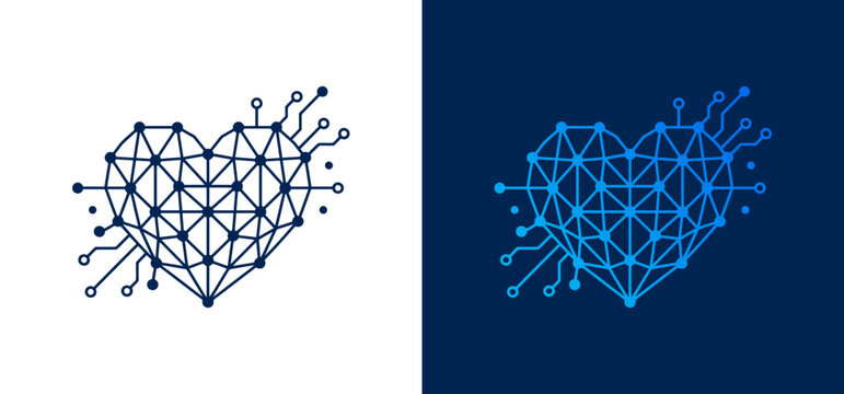 Digital heart vector logo for the combination of technology and love. Perfect for branding, technology companies, dating apps, or any love-related business.