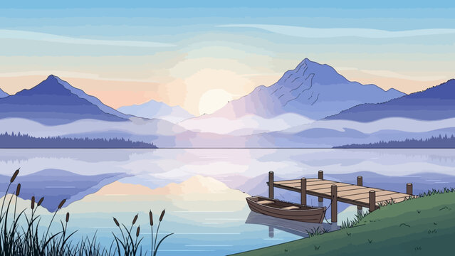Wooden dock with a small boat on a calm lake at sunrise.