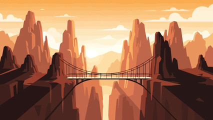Suspension Bridge Spanning a Canyon River at Sunset. © Jepry