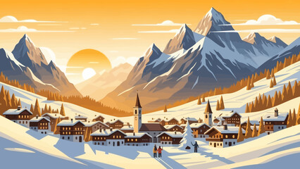 Idyllic alpine village nestled in a snowy mountain valley at sunrise. © Jepry