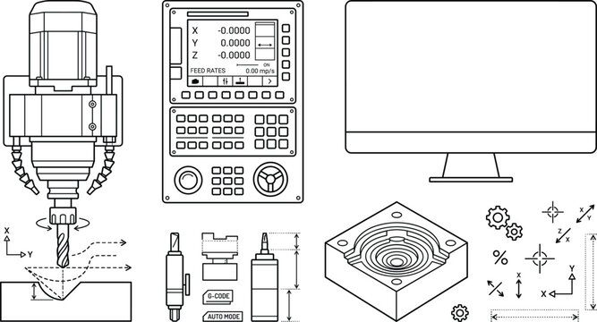 CNC Milling Machine and Computer Numerical Control Vector Set Featuring Spindle Router, Controller Interface, Computer Monitor, G-Code Symbols, and Machined Part Layouts