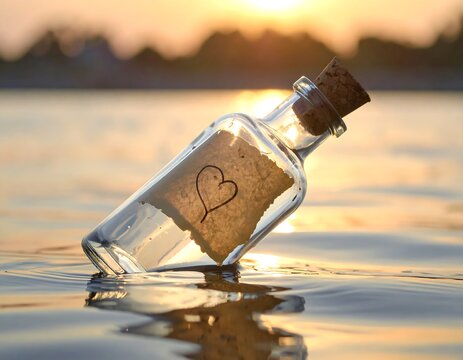 A glass bottle with a cork is half submerged in water. A heart is drawn on a note inside it, against a blurred sunrise