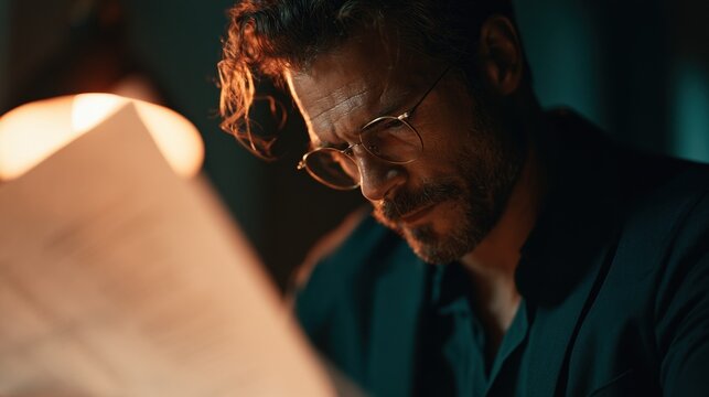 Man reading documents in a dimly lit room at night while deep in thought