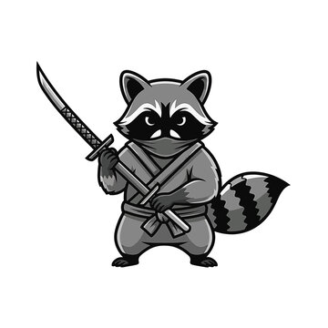 Vector mascot of a raccoon ninja specialized for delivery services, featuring a masked procyon lotor in shinobi gear carrying a cardboard box package isolated on white background.