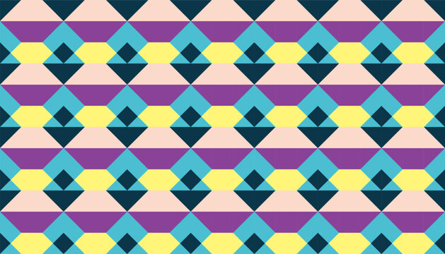 Memphis style geometric seamless pattern. Vector retro 1980s abstract background with colorful purple, cyan, and yellow shapes.