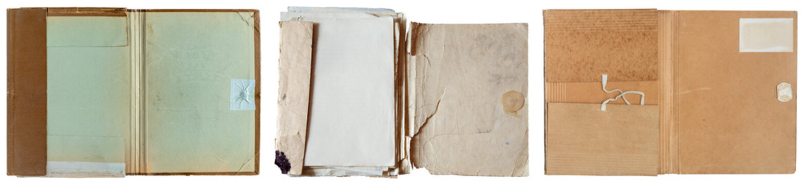 Collection of vintage paper documents and folders, isolated on transparent background