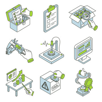 Industrial Quality Control and Manufacturing Assurance Isometric Icon Set