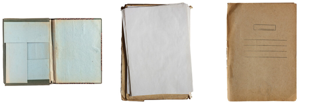 Three vintage paper objects: an open album with blank pages, a stack of papers, and a closed notebook, isolated on transparent background.