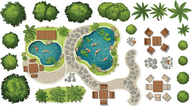 Top view garden landscape design elements featuring koi ponds stone paths green trees and outdoor furniture for architectural planning vector
