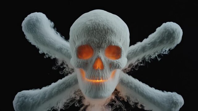 Skull and crossbones made of dense white smoke on black background. Spooky glowing orange eyes with dynamic fluid movement. Danger and Halloween 3D animation concept