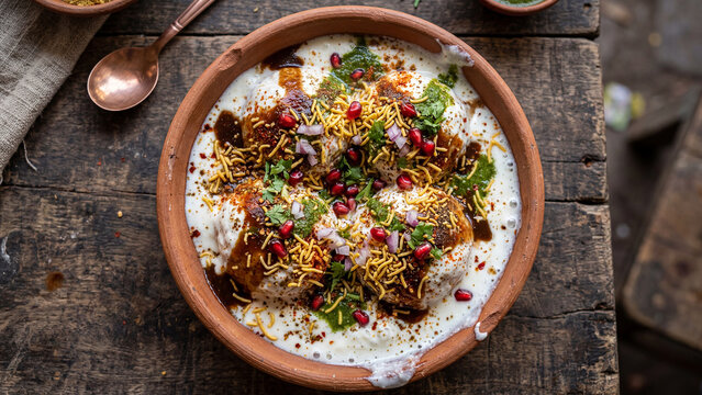 Authentic Lahori Dahi Bhalla with Chutneys Sev and Pomegranate Overhead View