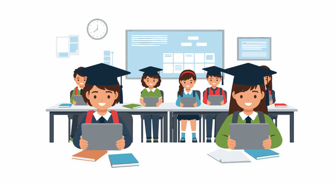 Diverse group of male and female children sitting on floor using touchscreen tablets for schoolwork and play in a brightly lit modern interior space.