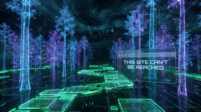 A futuristic forest scene with a 'This Site Can't Be Reached' error message on a neon-lit screen