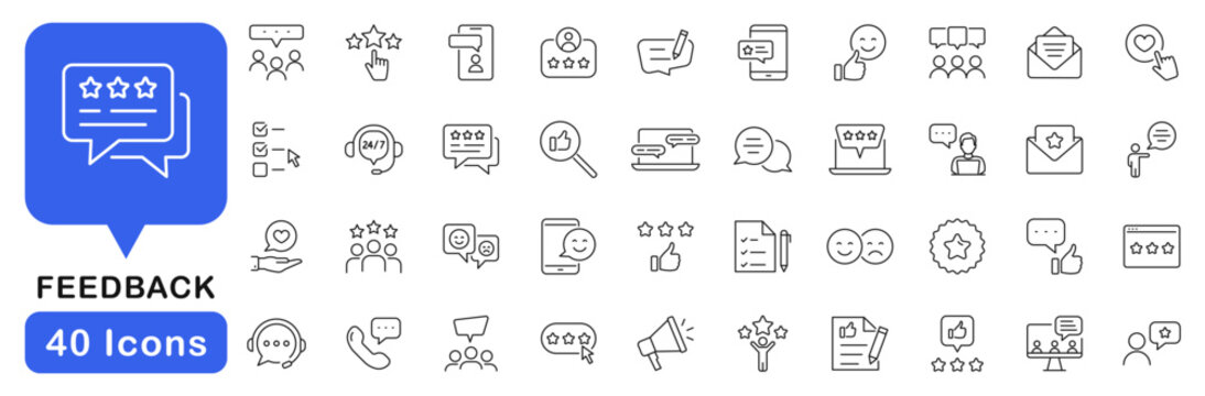 Feedback icon set. Customer satisfaction icons in line style. Editable web icons review, experience, opinion, questionnaire, poll, satisfaction etc. Vector illustration.
