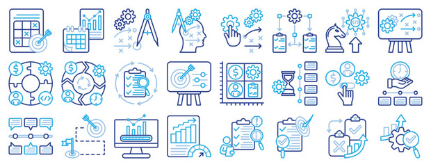 Fototapeta premium Project management framework icon set. Line color icon including strategic planning, action plan, project plan, work plan, project timeline, progress monitoring, process optimization