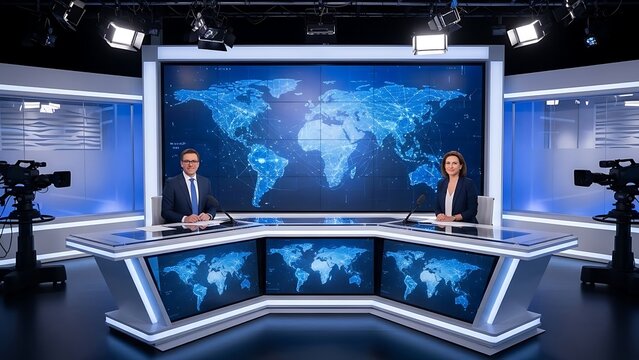 Two news anchors sitting at a desk with world map screens behind them in a television studio