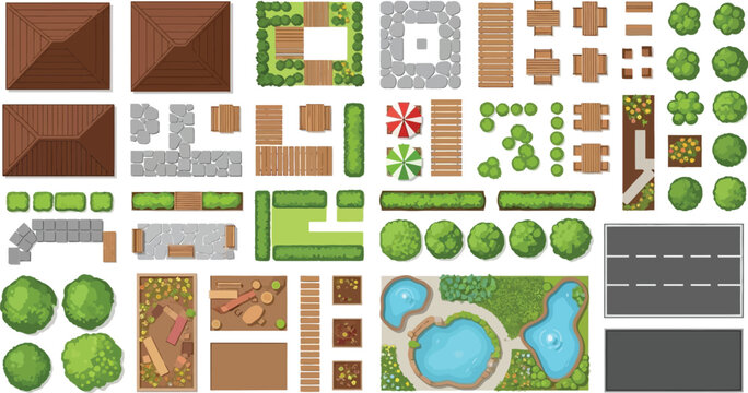 Top view landscape design elements vector kit for garden planning architectural site mapping with trees furniture and ponds