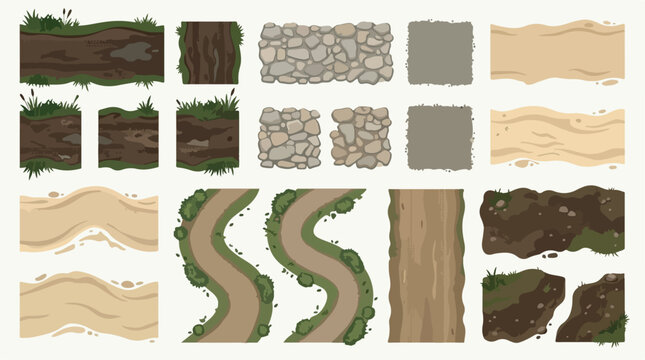 Cartoon game terrain textures set, seamless ground and path vector elements, top down landscape tiles for level design and map building