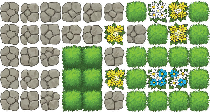 Top-down game environment tileset with stone paths green grass patches and colorful flowers for 2D level design vector illustration