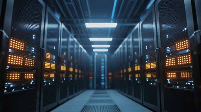 Futuristic Data Center Aisle with Server Racks and LED Lights