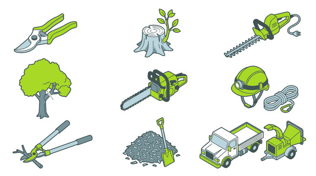 Isometric Tree Service and Arborist Tool Icon Set - Chainsaw, Pruning Shears, Wood Chipper, and Safety Gear