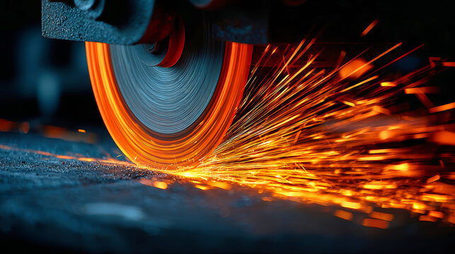 A worker grinds metal in a workshop, creating bright sparks as the tool connects with the material. The scene shows active construction and machinery
