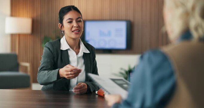 Business women, document and proposal in consultation for welcome, insurance planning and advice. Financial advisor, people and meeting in office for compliance, paperwork or asset management
