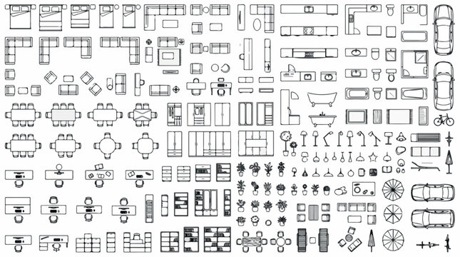 Architectural floor plan symbols set, interior design furniture top view icons, house layout planning vector elements for blueprint mapping