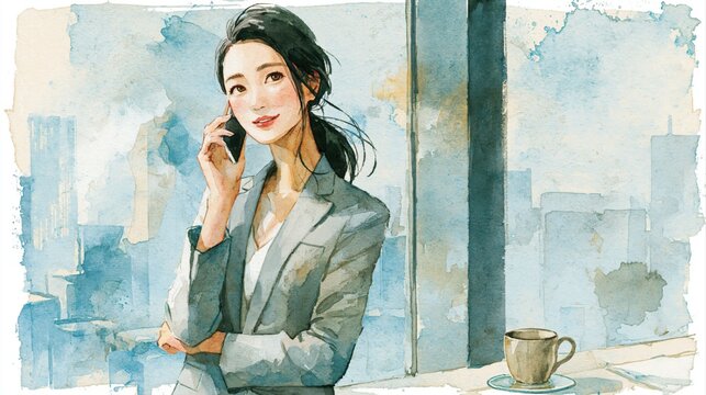 窓辺でスマートフォンを持つビジネスパーソン