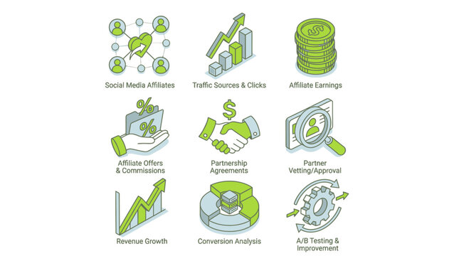 Isometric Affiliate Marketing and Business Growth Icon Set - Commission, Revenue, Partnership and Digital Strategy Icons