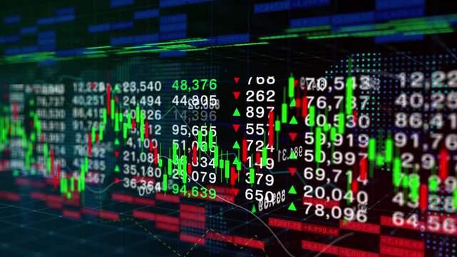 Stock market numbers of data price moving in grid table, candlestick financial, economy market screen display investment trading real time, economic growth indicator