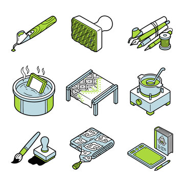 Isometric Vector Icon Set of Traditional Batik Making Process, Tools, and Equipment
