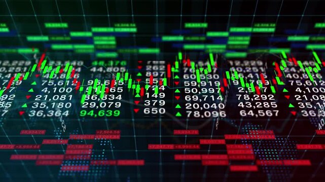 Stock market grid table with price numbers showing candlestick chart, financial index trend, investment data analysis, economic growth indicator, and trading exchange visualization