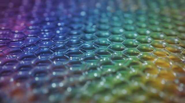 Colorful rainbow bubble wrap texture with a shiny iridescent gradient shifting from purple and blue to green and yellow creating a playful modern geometric pattern background for creative design