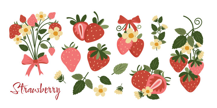 Hand-drawn strawberry berries with leaves and flowers in a modern style. Beautiful design for templates, posters, postcards, covers, and more. Vector botanical illustration