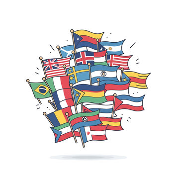 Collection of national flags waving.