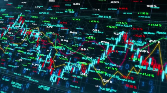 Global world map hologram with candlestick stock chart showing international financial market trading, investment index analysis, economic wealth data, and futuristic business network visualization