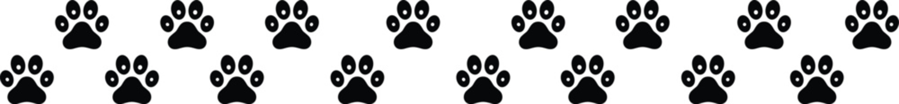 Black animal paw print trail seamless border vector graphic isolated on white background for pet design elements (17 words)