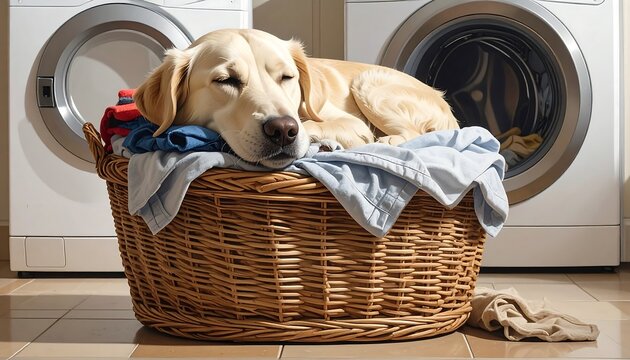 A golden Labrador enjoys a nap atop a laundry basket filled with clothes, with washing machines in the background