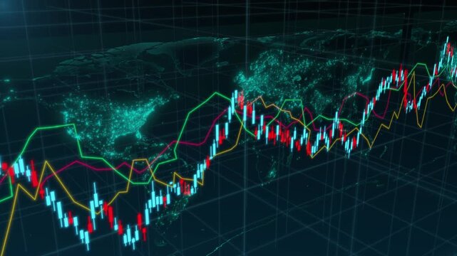 International financial market trading, investment index analysis, economic wealth data, and futuristic business network visualization, global world map hologram with candlestick stock chart showing