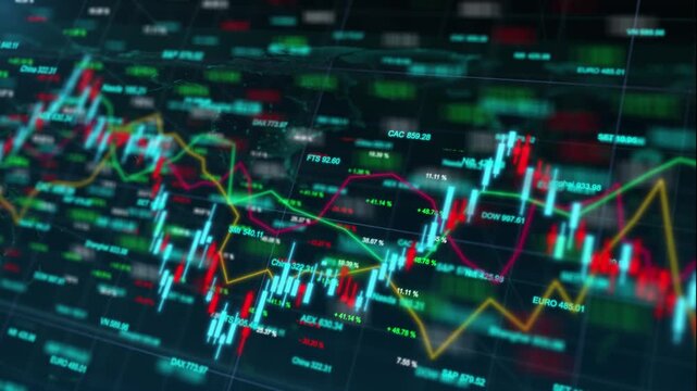 Global world map hologram with candlestick stock chart showing international financial market trading, investment index analysis, economic wealth data, and futuristic business network visualization