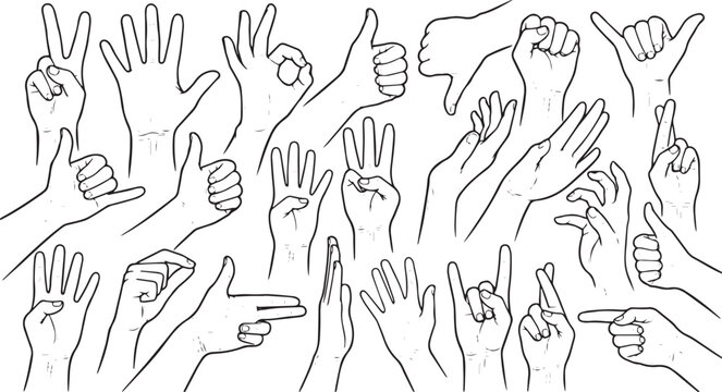 Extensive monochrome collection of human hand gestures, illustrating a wide range of non-verbal communication, expressive signs, and common signals through detailed line art