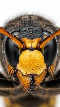 Extreme macro close up of wasp face on white background. Yellow hornet head with large eyes and mandibles. Detailed insect portrait and entomology concept