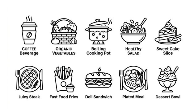 Professional culinary line icon set with beverage vegetables steak fries sandwich and dessert vector illustration